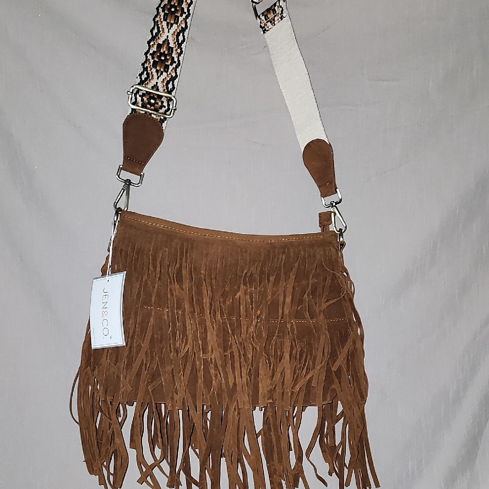 JEN & CO Brown Suede Fringe Crossbody Bag with Patterned Strap